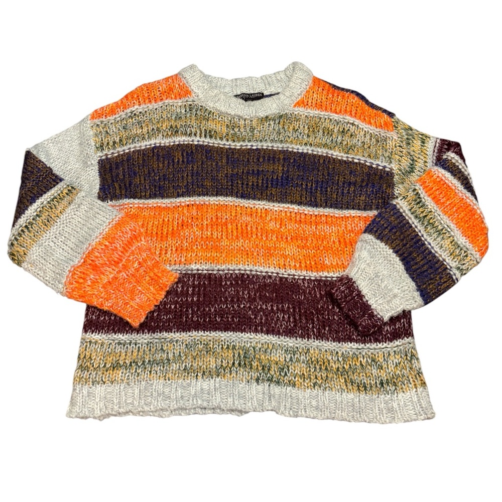 Cozy Striped Colorful Chunky Knit Winter Crew Neck Sweater Women Size XL